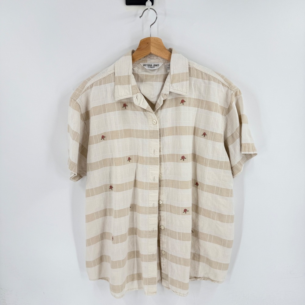 Vintage Striped Embroidered Cottagecore Button Up Shirt 2X Floral 100% Cotton